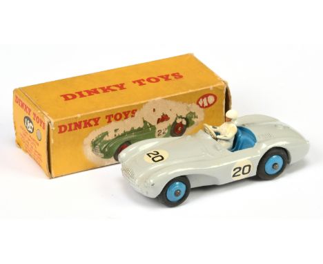 Dinky 110 Aston Martin DB3 Sports Car, grey body, mid-blue interior and rigid hubs with smooth tyres, figure driver, silver t