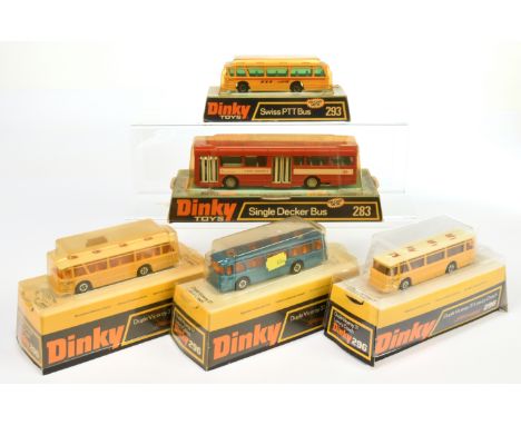 Dinky group of 5 buses to include (1) 283 Single Decker "Red Arrow", (2) 293 "Swiss PTT", (3) 296 Duple Luxury Coach, (4) sam