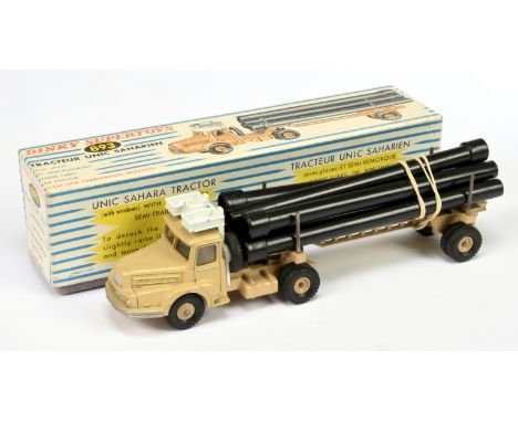 French Dinky 892 Tractor Unic Saharien - beige body, chassis, trailer, concave and convex hubs, white, silver trim, six black