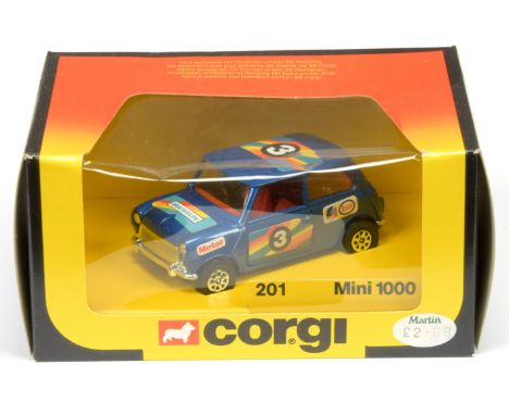Corgi 201 Mini "Team Corgi" (1/36th) scale, blue body with red interior, chrome bumpers, Whizzwheels Mint in a Excellent Plus