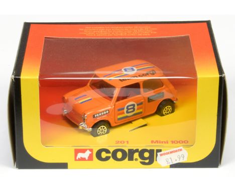 Corgi 201 Mini "Team Corgi" (1/36th) scale, orange body with red interior, chrome bumpers, Whizzwheels, Mint in a Near Mint o