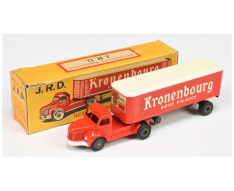 JRD 120 tractor and trailer "Kronenbourg" - red body and trailer with white roof and and front trim - Good Plus still a brigh