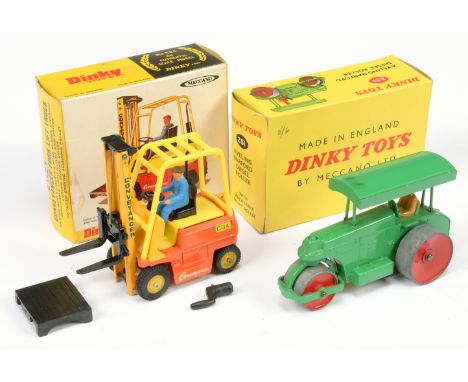 Dinky a pair to include 251 Aveling Barford Diesel roller, green, red metal wheels and tan figure driver, metal tow hook Good