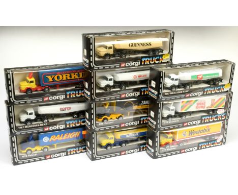 Corgi a group of 10 Mercedes "Corgi Trucks" issues to include Tanker "Duckham's", "Guinness", truck and trailer "Zanussi", Ra