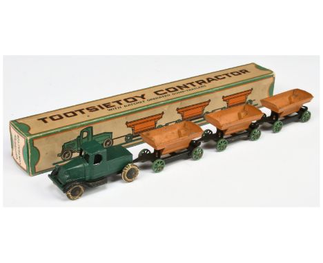 Tootsie Toy Truck &amp; Trailers (contractors) - green and black unit with 3 X hopper trailers finished in orange, black and 