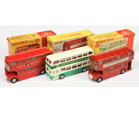 Dinky buses a group of 3 to include (1) 289 Routemaster "Tern Shirts" red, spun hubs, (2) same but "Schweppes" and (3) 293 Le