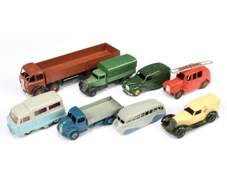 Dinky unboxed group of 8 to include Foden (type 1) brown, Streamlined Fire Engine, red, Austin Delivery Van "Raleigh cycles" 