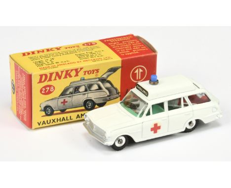 Dinky 278 Vauxhall "Ambulance" white body, green interior with figure and patient on stretcher, silver trim, solid blue roof 