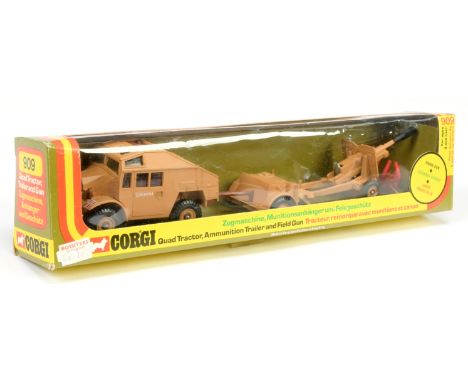 Corgi 909 Military Set to include Quad Tractor "Desert Rats", ammunition trailer and field gun all desert sand finish with mi