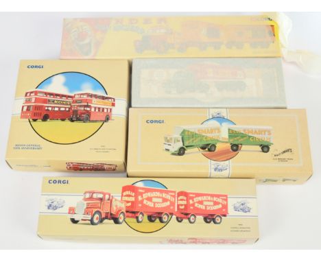 Corgi Classics a group to include 97920 Scammell "Edwards Amusements", 16801 Scammell "Pinder", 97052 "Devon" 2-piece Bus set