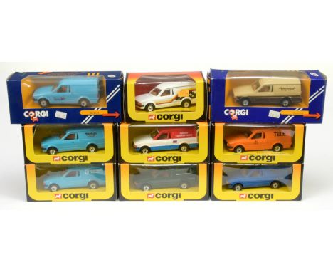 Corgi Ford Escort Vans a group of 9 to include "Dunlop", "Digby's", "TELE" plus others conditions are Near Mint to Mint in Go