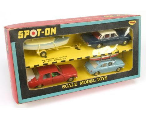 Triang Spot On 4-piece Gift Set to include (1) Morris 1100, pale blue with roof rack and kayak, (2) Ford Zephyr Six red body,