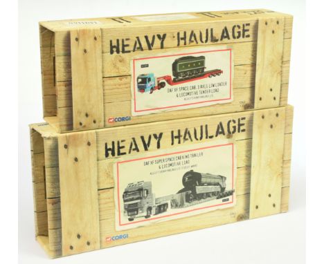 Corgi Heavy Haulage a pair (1/5th) scale (1) CC13213 DAF XF Low Loader with Locomotive Tender Load and (2) CC13203 same but w