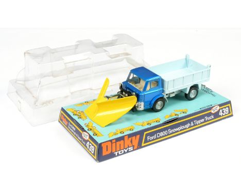 Dinky 439 Ford D800 Series Tipper Truck &amp; Snow Plough, blue cab, light blue tipper, silver chassis and trim, white interi