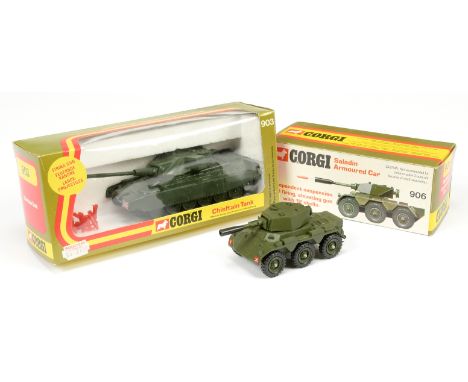 Corgi Military a pair (1) 903 Chieftain Tank, dark green with missiles attached to sprue Mint in a Near Mint striped window b
