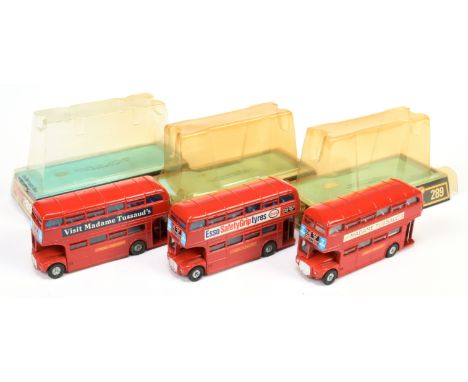 Dinky 289 Routemaster bus a group of 3 "London Transport" (1) "Esso Safety Grip Tyres" red body blue interior, cast hubs (2) 
