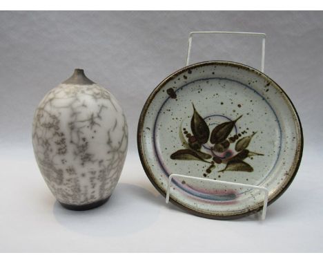 A Raku studio pottery porcelain vase with impressed potters DB seal to base and a studio pottery plate with David Leach style