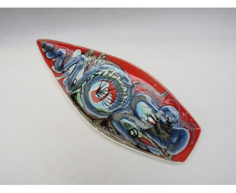 An early Poole Delphis spear shaped dish No.82 Red with pale blue design painted and printed marks to base, 43.5cm long