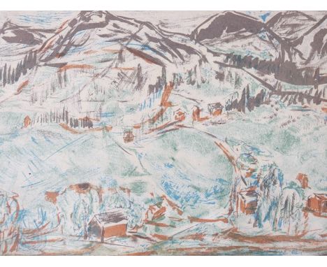 BIRGIT SKIOLD (1923-1982) A framed (unglazed) print, landscape with mountain range and dwellings. Pencil signed bottom right 