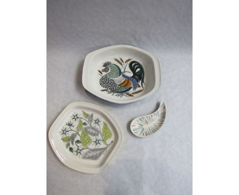 Two Poole pottery oven to tableware including chicken and foliate patterns and a free form dish.  (3) 