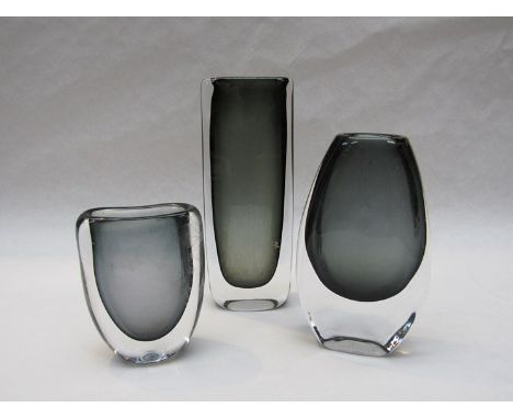 Three Scandinavian cased smoked glass vases, Kosta, Orrefors and an unmarked example, tallest 21.5cm 