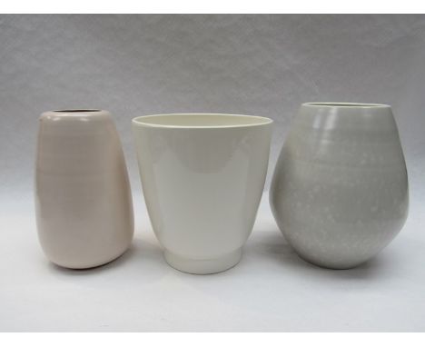 Three Poole 1950s/60s pale glazed vases in cream, pink and mushroom colours. Tallest 20.5cm