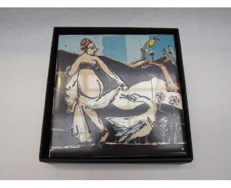JOHN KIKI (b.1943) A printed ceramic tile - Leda and The Swan. Made for East Anglia Art Fund 25th Anniversary Signed verso an