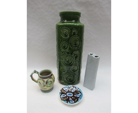 A West German green glazed floor vase, 282/40, a Denby mug by Glyn Colledge, Poole Delphis pin dish and a relief moulded vase