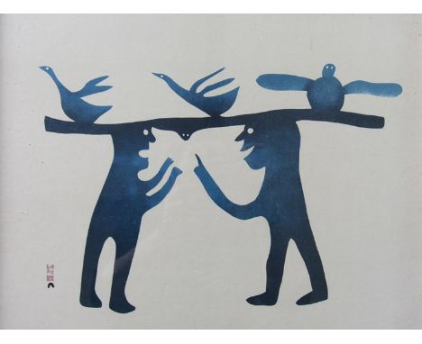 A framed and glazed Inuit print entitled 'Two men discussing Coming Hunt; by Kavavook, 46cm wide 43cm high, unsigned