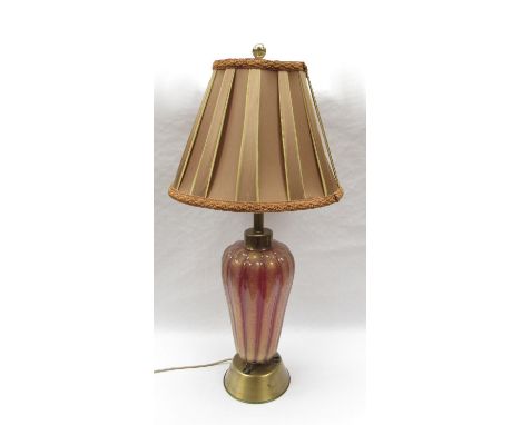 A large 34" tall Murano ruby/gold leaf "Pulegoso" glass and brass lamp, plus shade