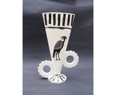 An Italian Bellini ceramic vase, flattened form, two ring handles, painted bird figure. 35cm high 