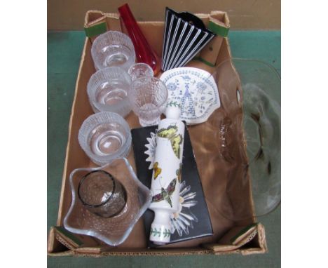 A box of glass and ceramics including Iittala, Kosta Boda, Whitefriars glass. Portmeirion rolling pin and dish, Figgio Flint 