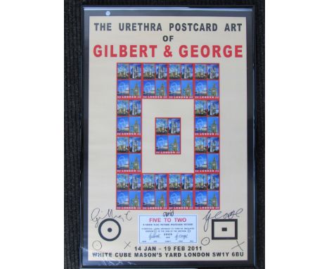 A Gilbert and George framed Uretha postcard art 2011 art exhibition poster signed by the artists