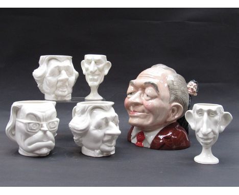 Two Fluck & Law 1983 ceramic Spitting Image Margaret Thatcher mugs one Michael Foot and two Prince Charles egg cups.  Togethe