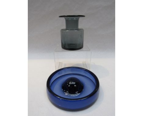 A Per Lutken for Holmegaard blue 'Fried Egg' ashtray and a flared rim smoked glass vase by Lutken, 13cm tall 