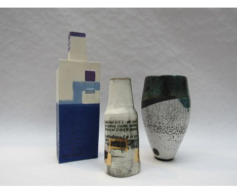 Three contemporary studio ceramic vassels including Raku Vase by Jennice Durant. Tallest 27cm