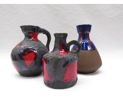 Three West German "Fat Lava" ceramic vases  with red, black and blue glazed.  Tallest 21cm