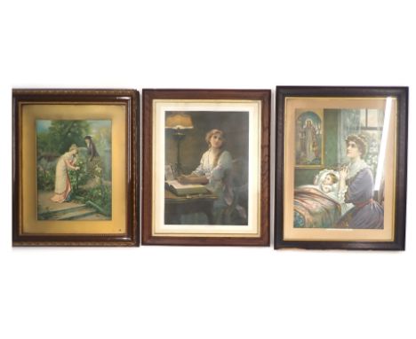 Three late 19th/early 20thC genre prints, titled Lord's Prayer, There's a Friend for Little Children, and Figures at a Gate. 