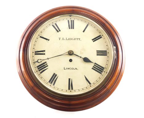A Victorian mahogany wall clock, the painted dial signed T.L. Lidgett Lincoln, with a brass fusee movement, 41cm diameter. 