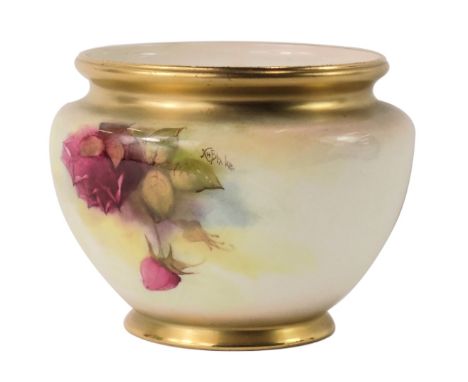 A Royal Worcester blush ivory vase, signed K H Blake, with painted roses, numbered 139, with puce Worcester stamp to undersid