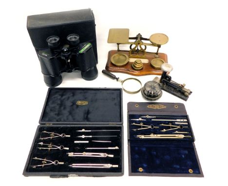 A collection of items, to include a set of mahogany and brass letter scales, compass, drawing instruments, Swift 60x50 binocu