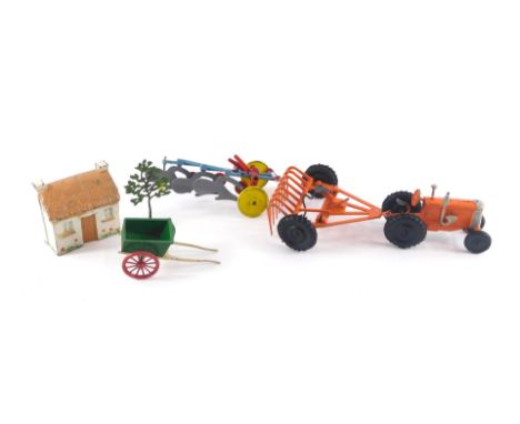 A collection of diecast agricultural toys, to include 1948 crescent toy model plough, tractor, tree, Britain's cart, and a co