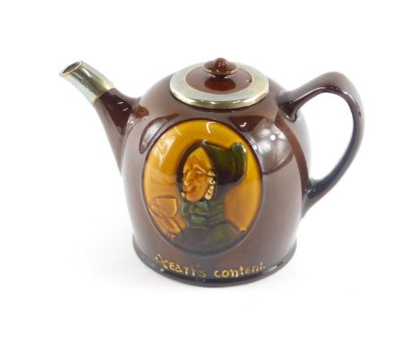 A Royal Doulton ceramic teapot and cover, the lid and spout with hallmarked silver border, the base impressed with a lady hol