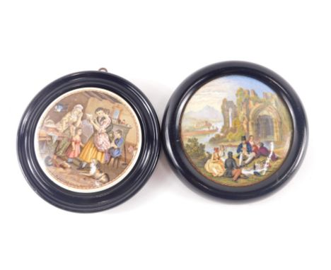 Two Prattware pot lids, to include A Letter from The Diggings.