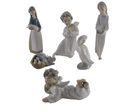 Six Lladro porcelain figures, comprising geese, geese in basket, children playing musical instrument, lady carrying candle, e