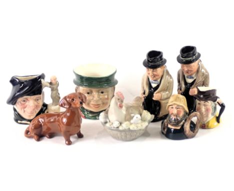 A group of ceramics, comprising an egg cup, two Royal Doulton Winston Churchill miniature character jugs, Staffordshire chara