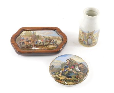 A Prattware circular pot lid, I'll See You My Boy, and another rectangular example, and a Prattware jar. (3) 