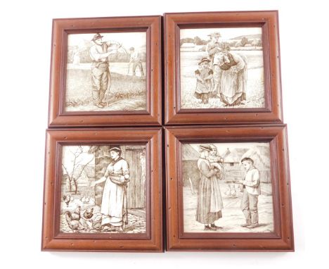 A set of four Victorian ceramic tiles, each printed in brown with rural scenes, possibly Minton, 14cm x 14cm. 