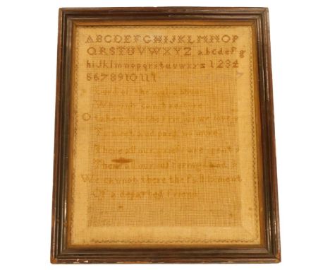 A 19thC alphabet and religious sampler, indistinctly dated 1886, 37cm x 30cm. (AF)