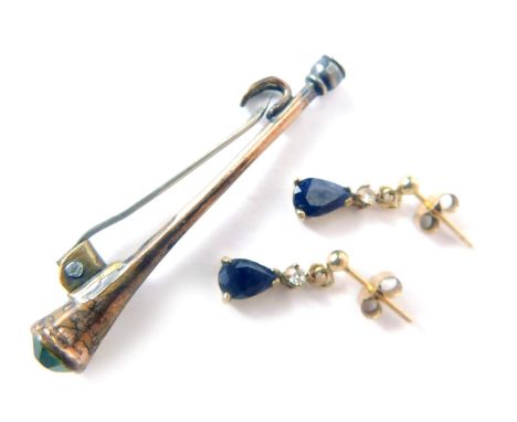 A pair of 9ct gold sapphire and diamond drop earrings, and a silver and green paste stone set bugle brooch, 4cm wide, 2.6g al